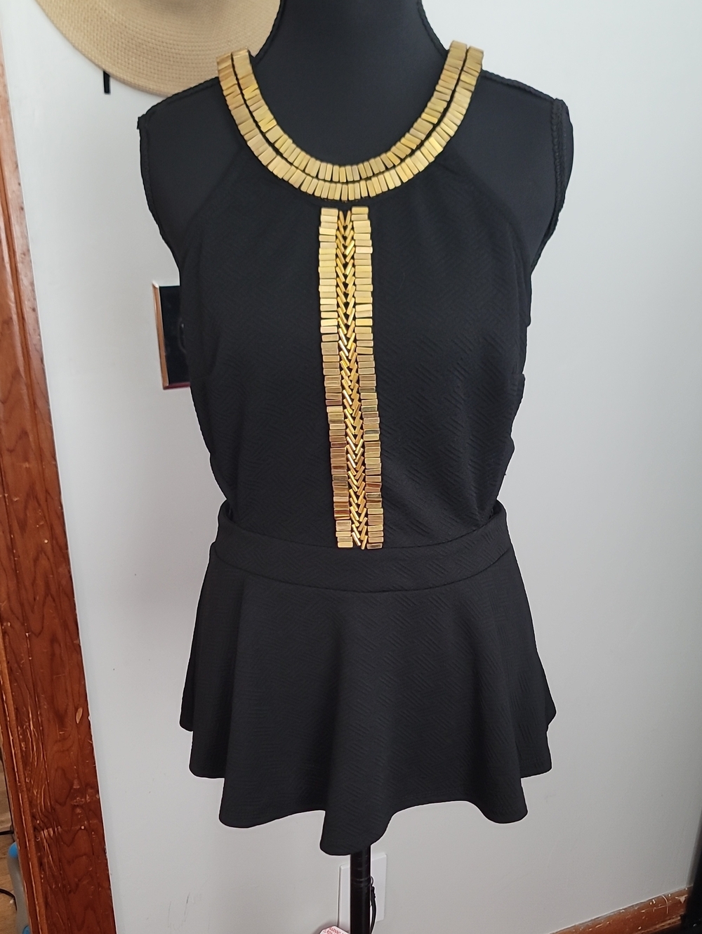 Y2K Bebe Sleeveless peplum Top, With Gold Beading